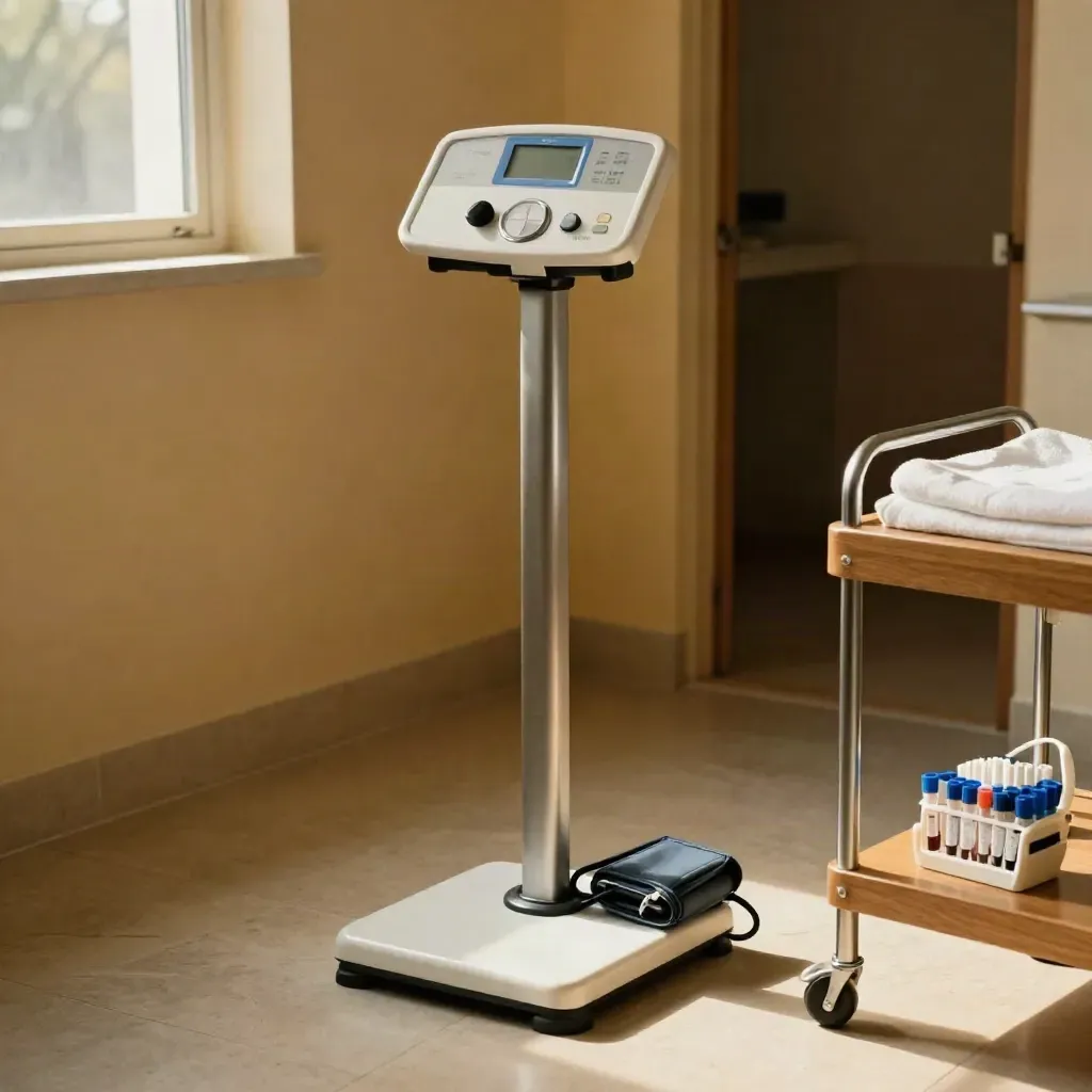 Clinic health-check station with scale, blood pressure cuff, pulse oximeter and sample tubes in warm daylight