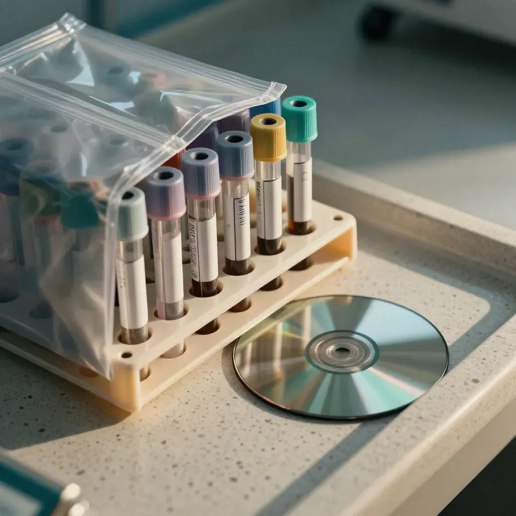 Specimen tubes, transport pouch and disc case on travertine in a diagnostic referral bay