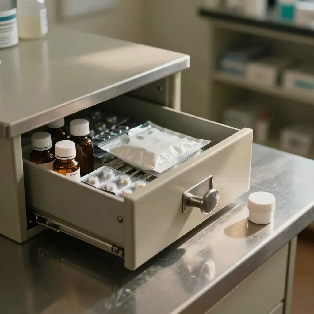 Pharmacy drawer with blister packs, amber bottles and a sealed dispense bag on brushed steel.