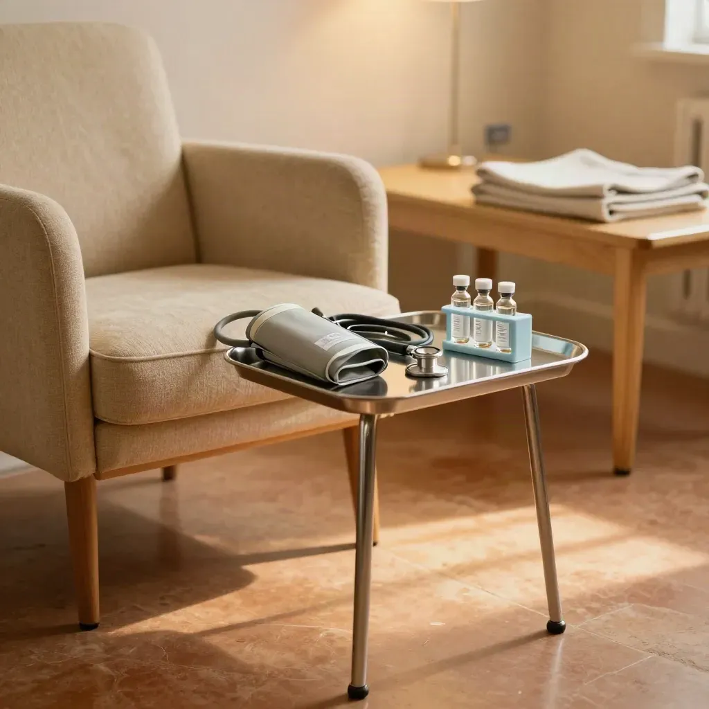 Follow-up care room with chair, blood pressure cuff, stethoscope and result vials