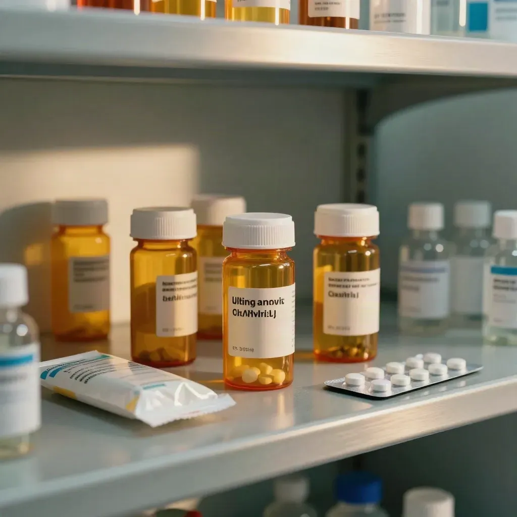 Amber medicine bottles, pill organiser and sealed pharmacy bag on stone shelf in a clinic