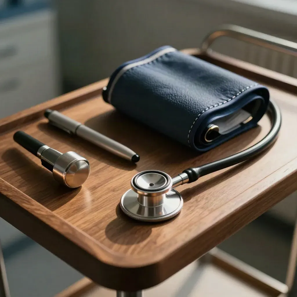 Stethoscope, reflex hammer, penlight and cuff on a walnut exam trolley in dramatic light.