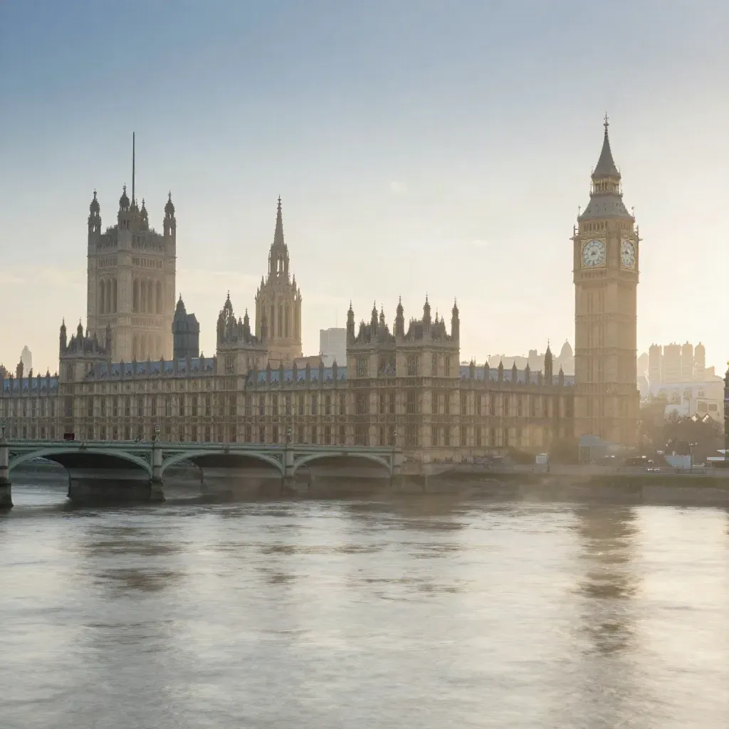 Westminster skyline at sunrise with mist over the Thames and calm water below