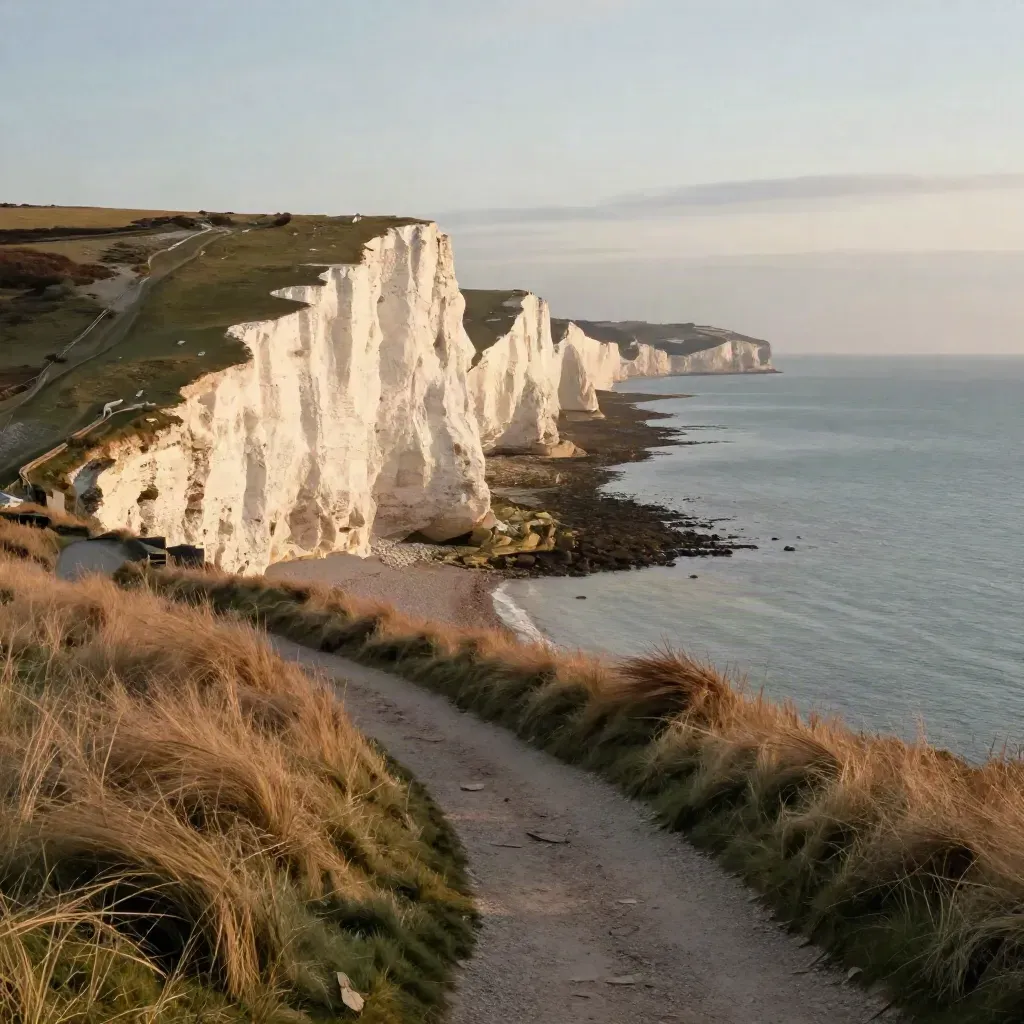 Kent White Cliffs glowing at golden hour above a calm low sea and hazy chalk coast